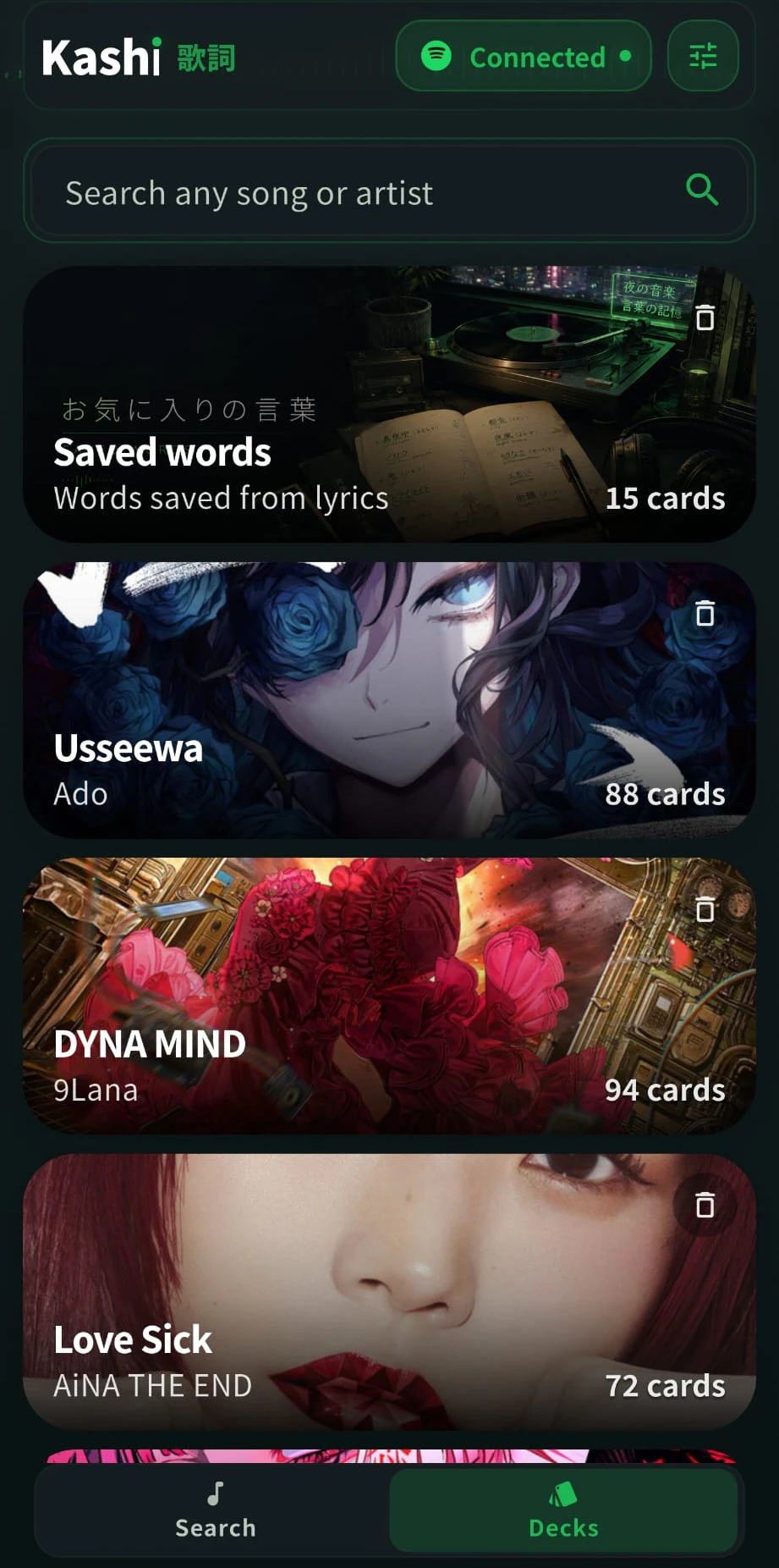 Kashi deck selection screen showing vocabulary decks generated from songs